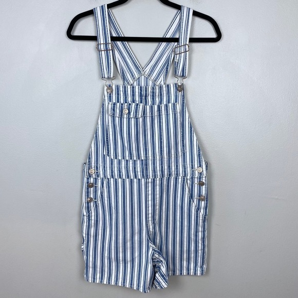 American Eagle Tomgirl Shortall Blue White Stripe Cotton Overalls Size Small - Picture 1 of 8